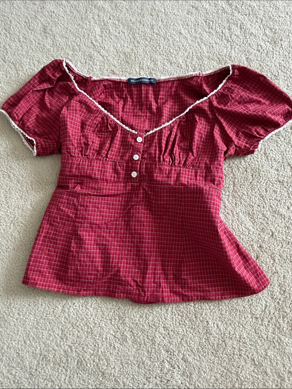 Brandy Melville Red Plaid Short Sleeve Peasant Top